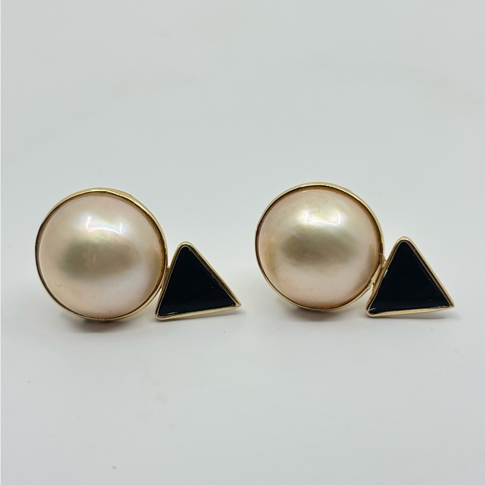14K Gold Mabe Pearl & Black Onyx Earrings Dome VTG Statement 80s-90s Modernist